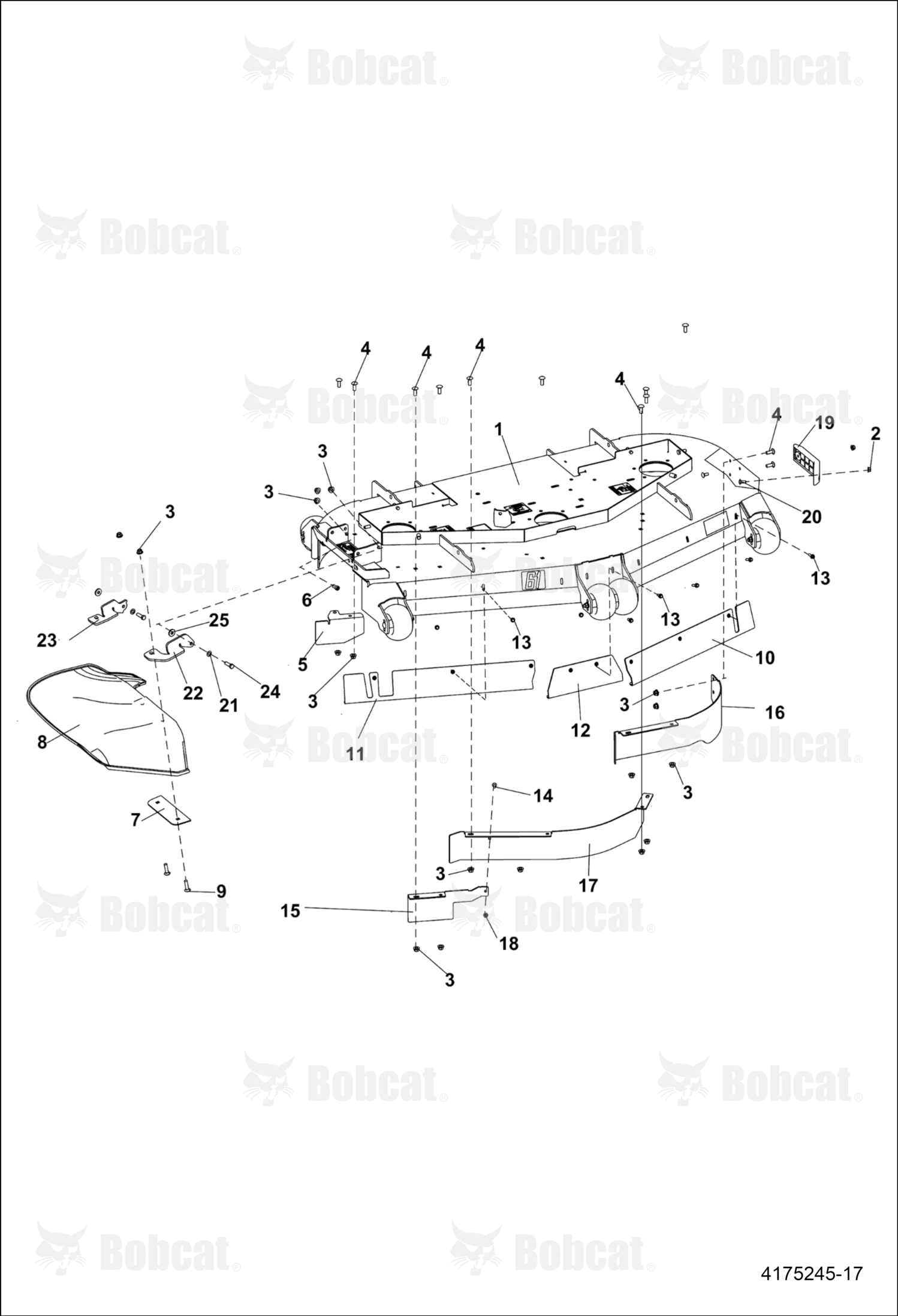 Vue éclatée BOBCAT, chaque pièce repérée par un numéro